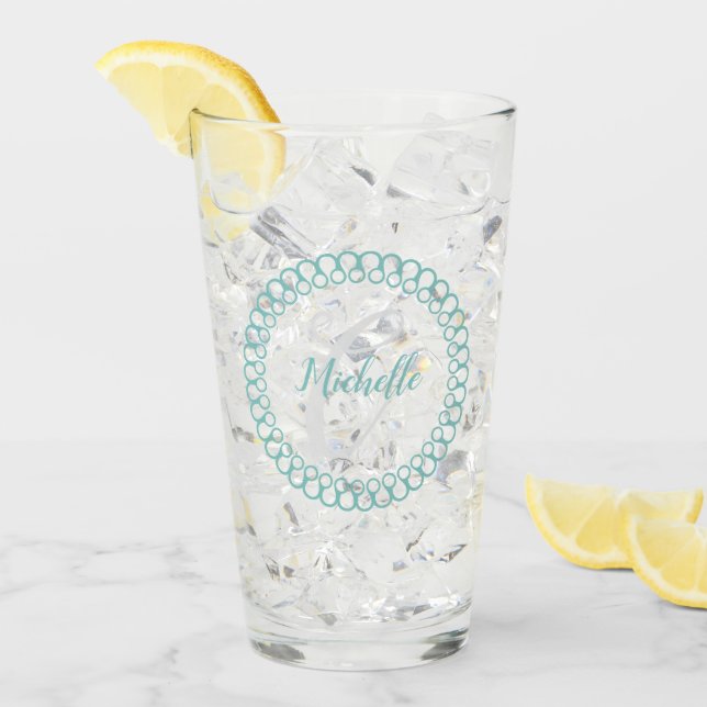 Teal Decorative Circle  Monogram Drinking Glass (Front Ice)