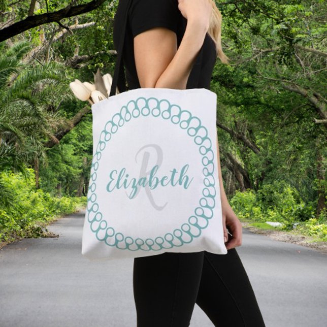 Teal Decorative Circle Personalize Monogram Tote (Teal Decorative Circle Personalize Monogram Tote Bag)