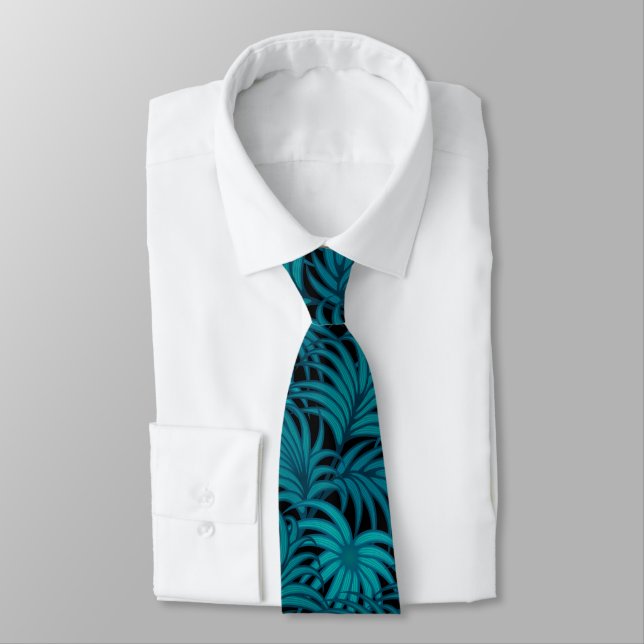 Teal & Deep Blue Tropical Palm Leaves Tie (Tied)