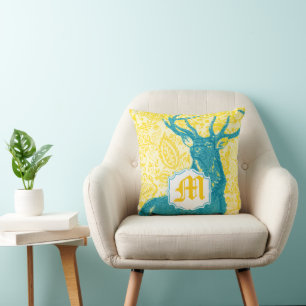 Teal Deer on Yellow Vintage Floral Pattern Throw Pillow