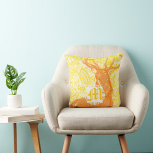 Teal Deer on Yellow Vintage Floral Pattern Throw Pillow