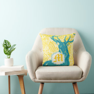 Teal Deer on Yellow Vintage Floral Pattern Throw Pillow