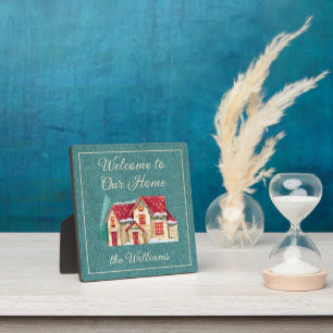 Teal Denim Print Holiday Welcome Plaque 5.25-in Sq