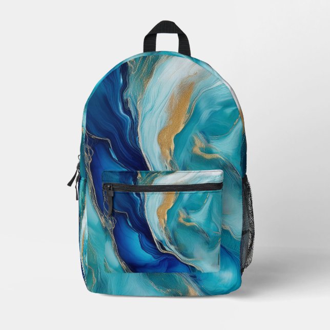 Teal Depths: Oceanic Abstract Impressions Printed Backpack (Front)