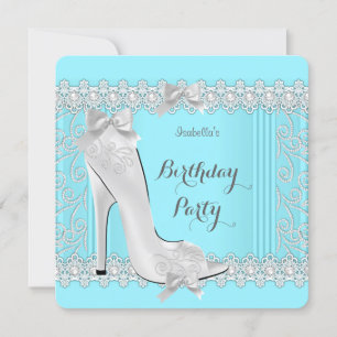 Teal Diamond Damask High Heel Birthday Party Invitation