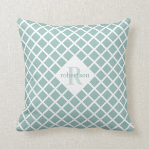 Teal Diamond Pattern Modern Monogram Throw Pillow