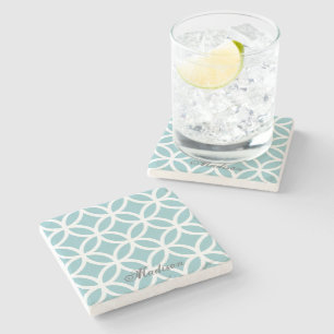 Teal Diamond Pattern Personalized Stone Coaster