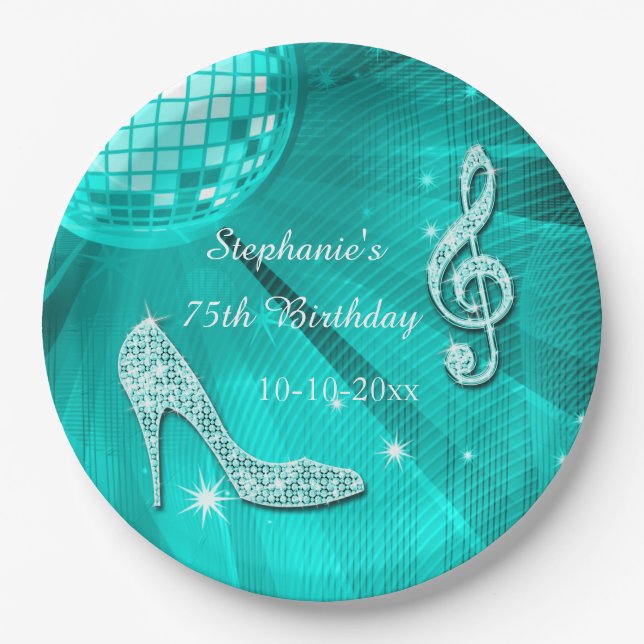 Teal Disco Ball and Heels 75th Birthday Paper Plate (Front)