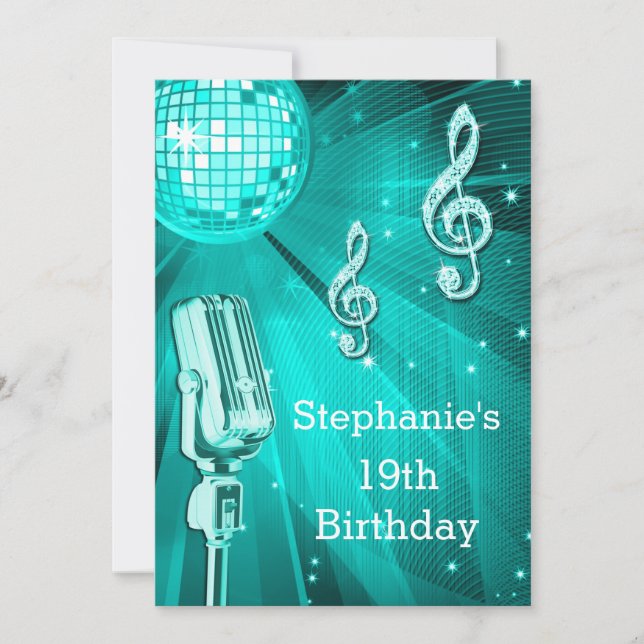 Teal Disco Ball and Retro Microphone 19th Birthday Invitation (Front)