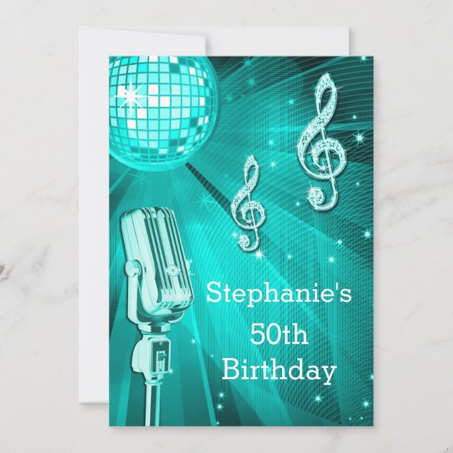 Teal Disco Ball and Retro Microphone 50th Birthday Invitation (Front)