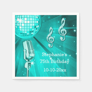 Teal Disco Ball and Retro Microphone 75th Birthday Napkin
