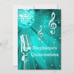 Teal Disco Ball and Retro Microphone Quinceañera Invitation