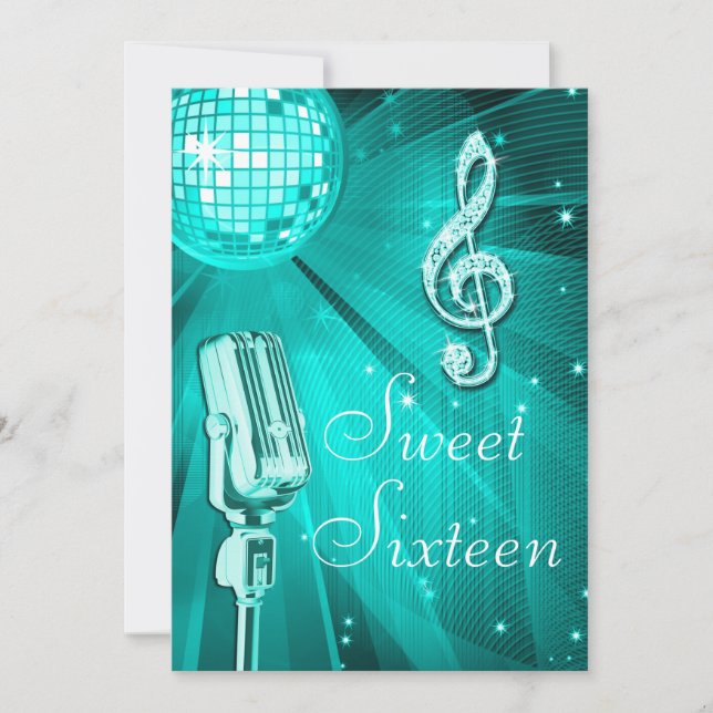 Teal Disco Ball and Retro Microphone Sweet 16 Invitation (Front)