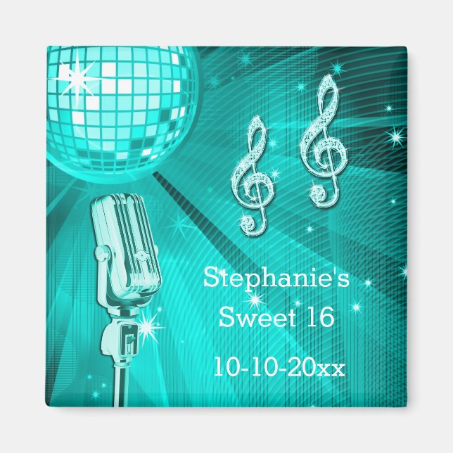 Teal Disco Ball and Retro Microphone Sweet 16 Magnet (Front)