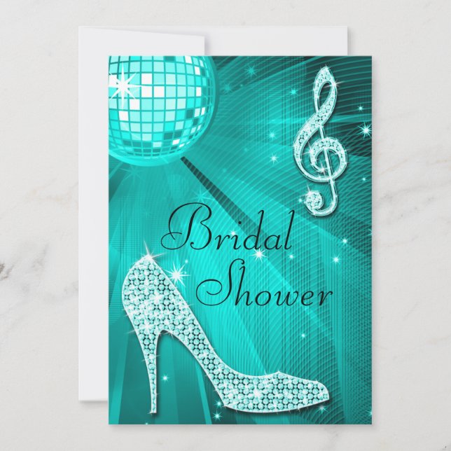 Teal Disco Ball and Sparkle Heels Bridal Shower Invitation (Front)