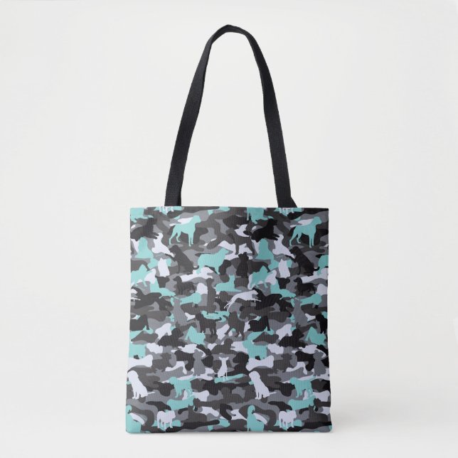 Teal Dog & Bone Camo Printed Tote (Front)