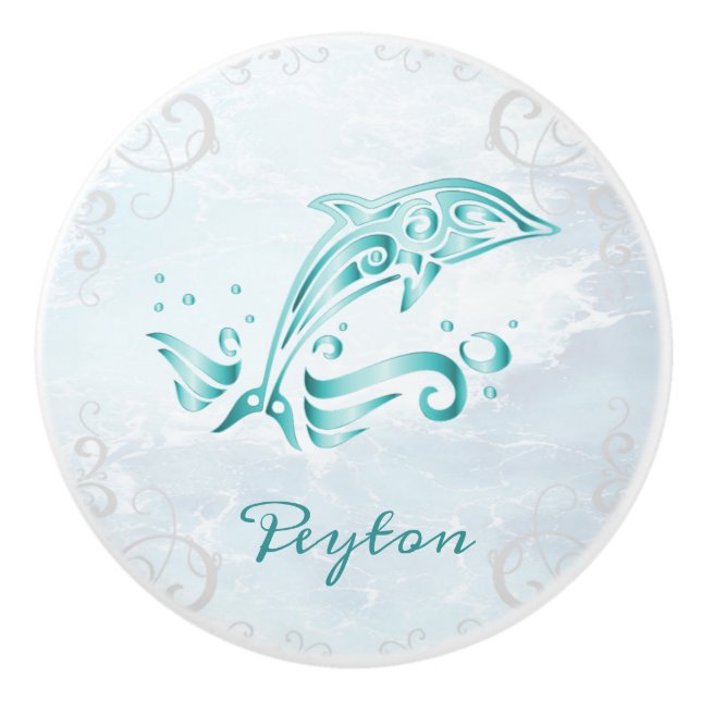 Teal Dolphin Personalized Ceramic Knob (Front)