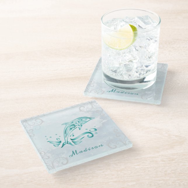 Teal Dolphin Personalized Glass Coaster (Angled)