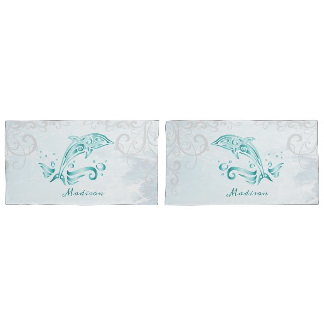 Teal Dolphin Personalized Pillow Case (Front-Set)
