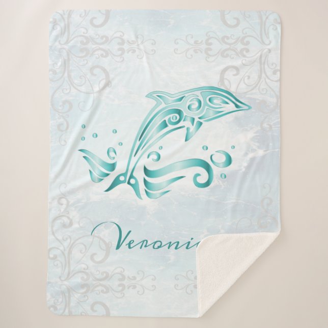 Teal Dolphin Personalized Sherpa Blanket (Front)