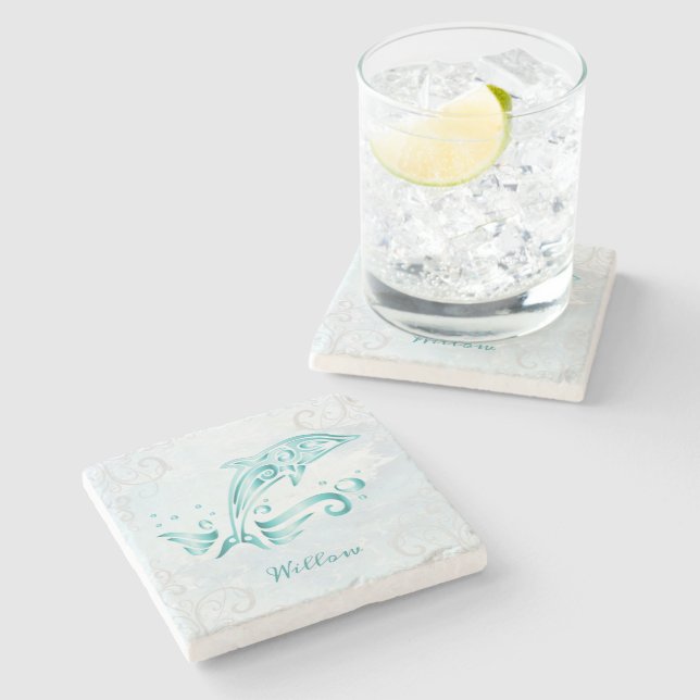Teal Dolphin Personalized Stone Coaster (Side)