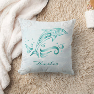 Teal Dolphin Personalized Throw Pillow