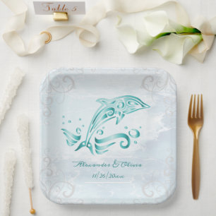 Teal Dolphin Wedding Shower Paper Plate