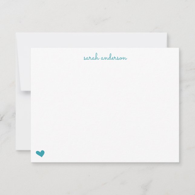 Teal Doodle Heart Personalized Stationery Card (Front)