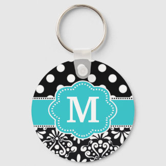 Teal Dots Damask Monogram Key Chain