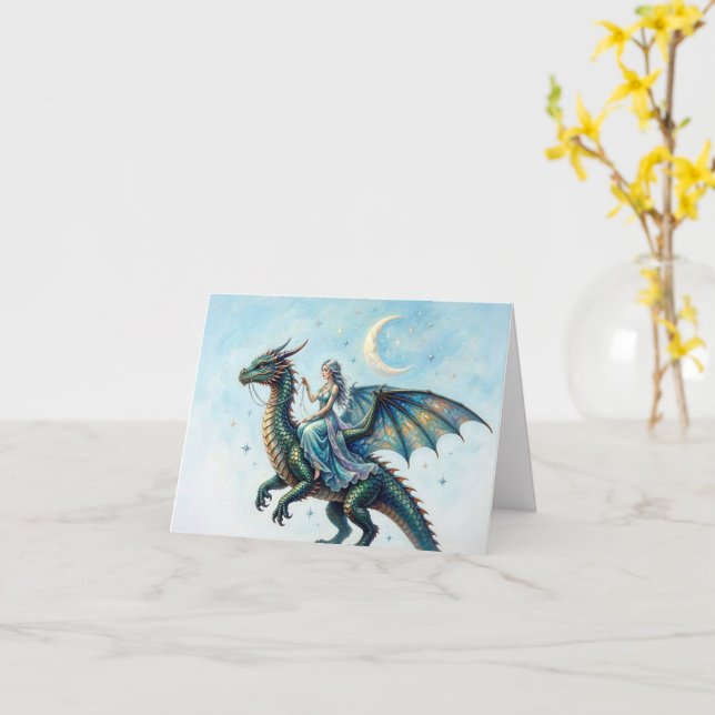 Teal Dragon Fairy Any Occasion Card (Yellow Flower)