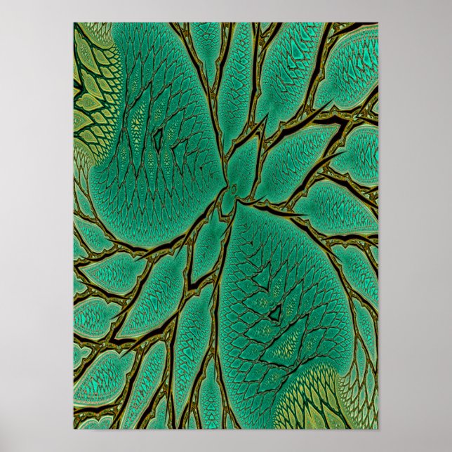 Teal Dragon Leaf Fractal Vining Abstract Poster (Front)
