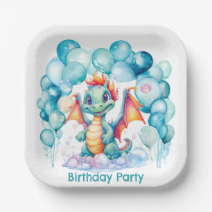 Teal Dragon with Balloon Arch Birthday Party Paper Plate