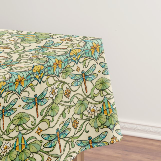 Teal Dragonfly Art Nouveau Botanical Illustration Tablecloth (In Situ)