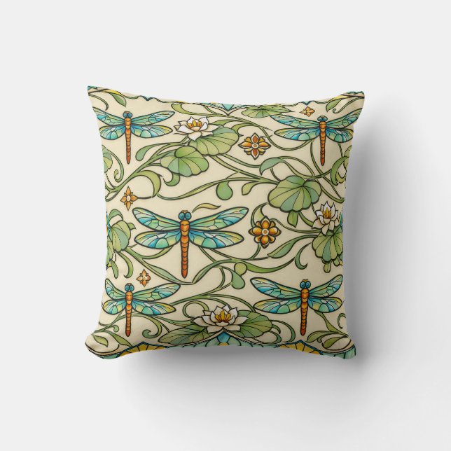Teal Dragonfly Art Nouveau Botanical Illustration Throw Pillow (Front)
