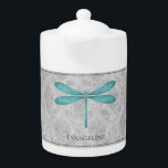 Teal Dragonfly Damask<br><div class="desc">Enjoy your tea with a Teal Dragonfly Damask Personalized Teapot.  Teapot design features a colourful dragonfly against an elegant vintage grey damask pattern. Additional gift items available with this design as well as a variety of colours.</div>