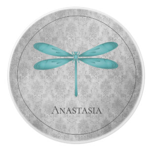 Teal Dragonfly Damask Ceramic Knob