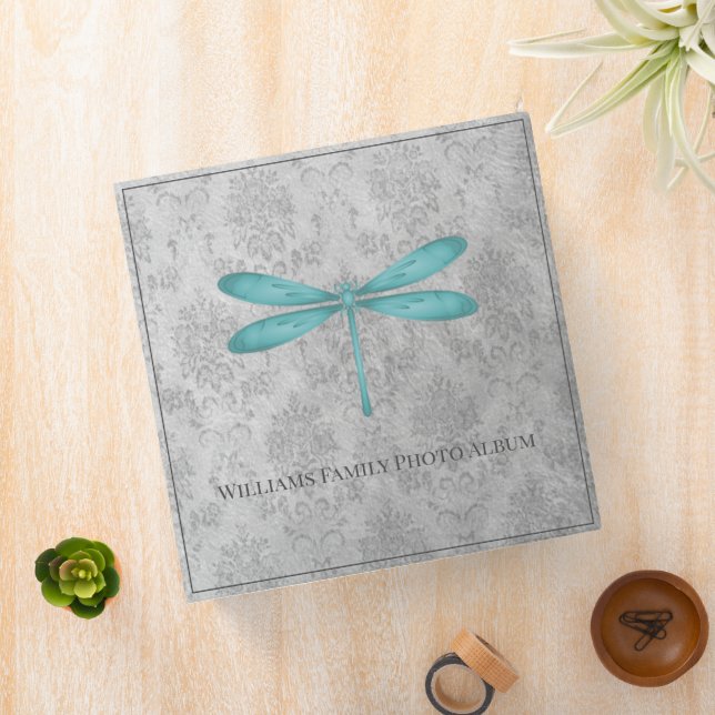 Teal Dragonfly Damask Family Photo Album Binder (In Situ)