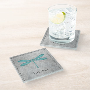 Teal Dragonfly Damask Glass Coaster
