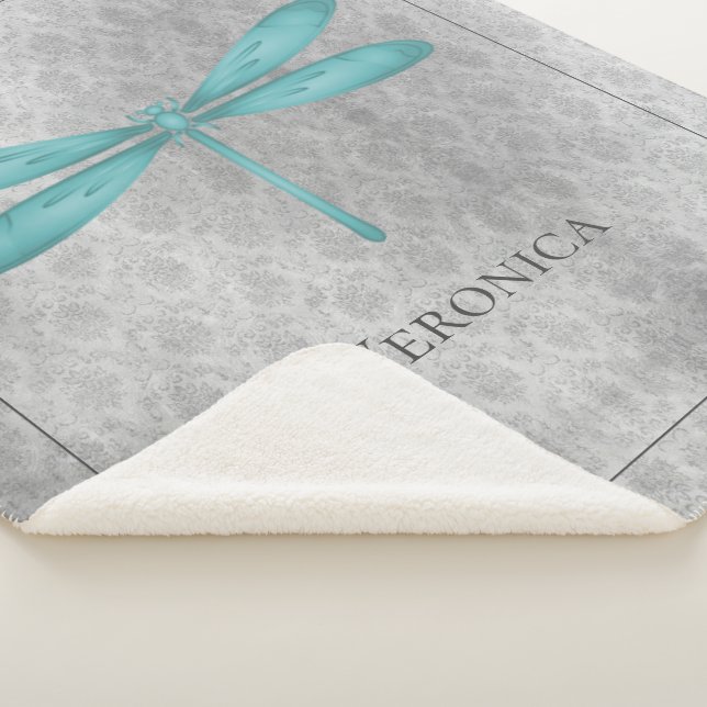 Teal Dragonfly Damask Personalized Sherpa Blanket (3/4)