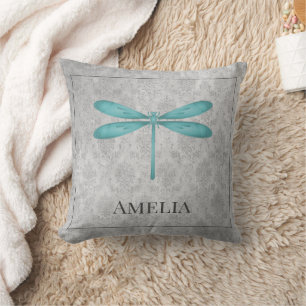 Teal Dragonfly Damask Personalized Throw Pillow