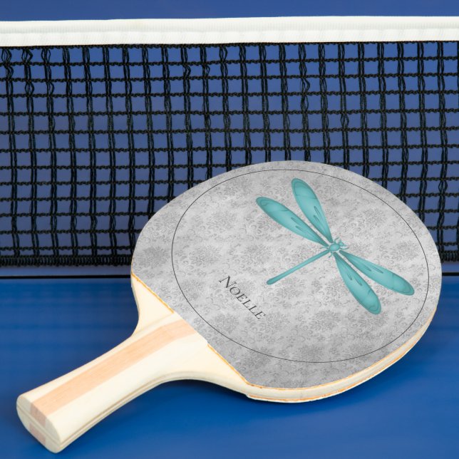 Teal Dragonfly Damask Ping Pong Paddle (Insitu)