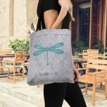Teal Dragonfly Damask Tote Bag<br><div class="desc">Carry all of your items when you're on the go with a  Teal Dragonfly Damask Personalized Tote.  Tote design features a colourful dragonfly against an elegant vintage grey damask pattern.  Additional gift items available with this design as well.</div>