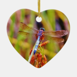 Teal Dragonfly on sedge Ceramic Ornament