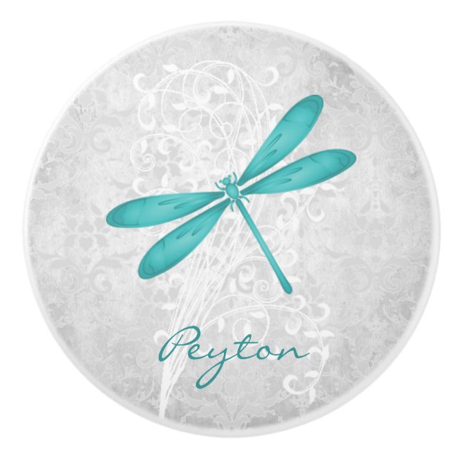 Teal Dragonfly Personalized Ceramic Pull (Front)