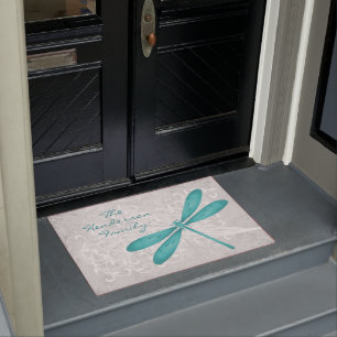 Teal Dragonfly Personalized Door Mat