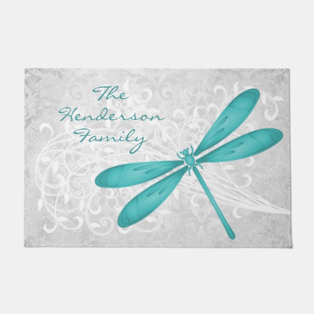 Teal Dragonfly Personalized Door Mat (Front)