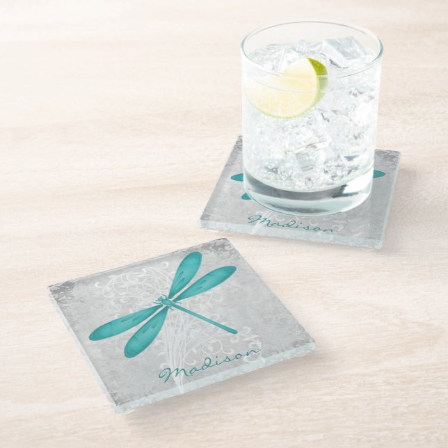 Teal Dragonfly Personalized Glass Coaster (Angled)