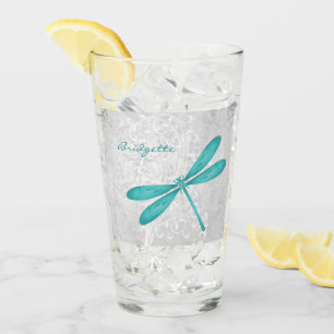 Teal Dragonfly Personalized Glass Cup