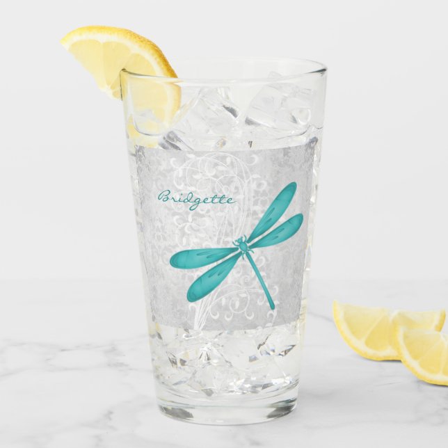 Teal Dragonfly Personalized Glass Cup (Front Ice)
