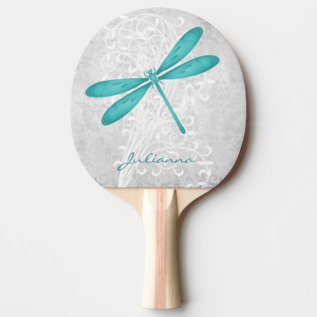 Teal Dragonfly Personalized Ping Pong Paddle (Front)